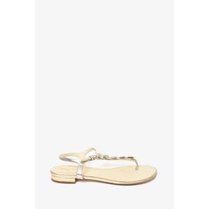 Pre-loved Chanel™ Silver Leather Flower Faux Pearl T-Strap Sandals sz 38